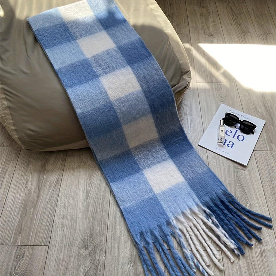 Nora - Elegante blauw-wit geruite extra lange sjaal